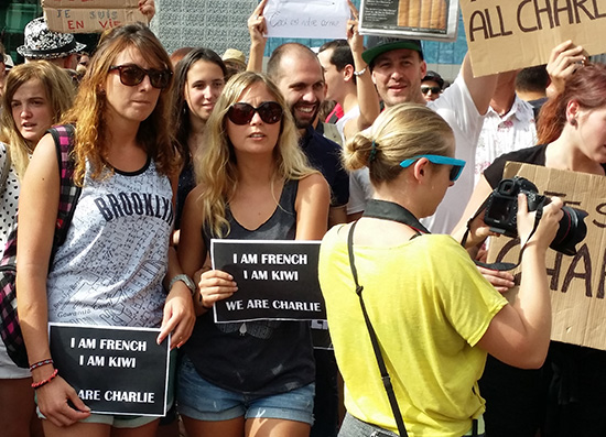 "French Kiwis" at the Charlie Hebdo rally today. Image: David Robie/PMC