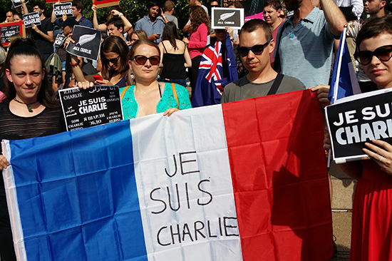 "Nous Sommes Charlie" and the French flag today. Image: David Robie/PMC