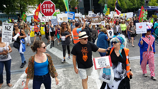 Part of the Auckland TPPA rally neat the Town Hall today. Image: David Robie/PMC