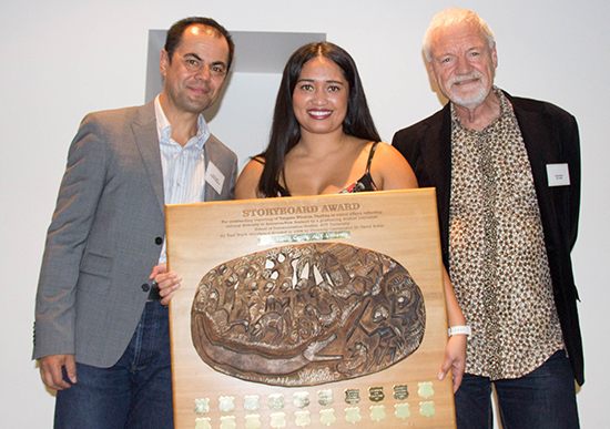 Spasifik magazine publisher Innes Logan, Alistar Kata and PMC director Dr David Robie with the Storyboard Award. Image: Michael Neilson/PMC