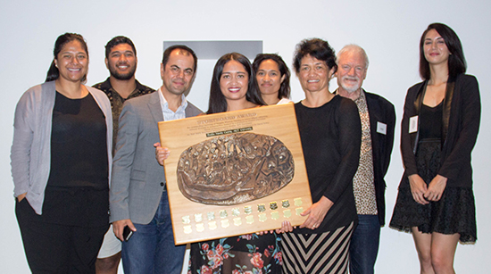 Alistar Kata with the Storyboard, Spasifik publisher Innes Logan, Pacific Media Centre director professor David Robie, Radio NZ International's Leilani Momoisea and her family last night. Image: Michael Neilson/PMC