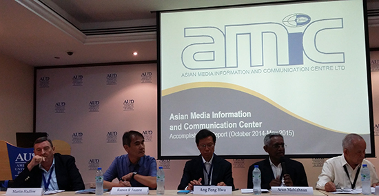 The AMIC AGM in Dubai: Former secretary-general Martin Hadlow (from left), new secretary-general Ramon Tuazon, former chair Professor Ang Peng Hwa, outgoing chair Arun Mahizhnan, and incoming chair Dr Crispin C. Maslog. Image: David Robie/PMC 