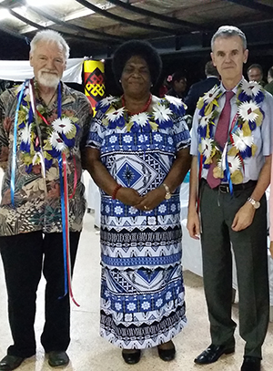 Pacific Media Centre's Professor David Robie with FALE Dean Dr Akanisi Kedrayate and the French Ambassador to Fiji Michel Djokovic at the USP journalism awards night. Image: USP 