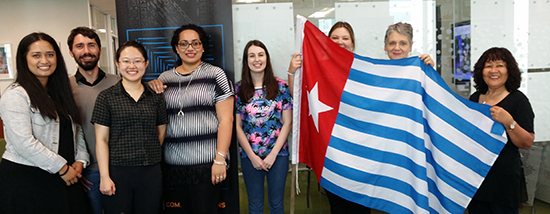 Pacific Media Watch editor Alistar Kata (left) with postgraduate students and staff at the West Papua flag-raising at AUT's Pacific Media Centre today. Image: PMC