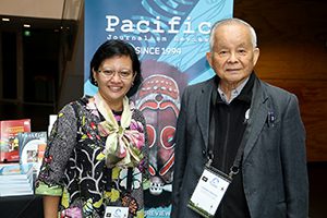 Dr Hermin Indah Wahyuni (left, Indonesia) and Professor Crispin Maslog (Philippines) at WJEC in New Zealand. Image: Del Abcede/PMC