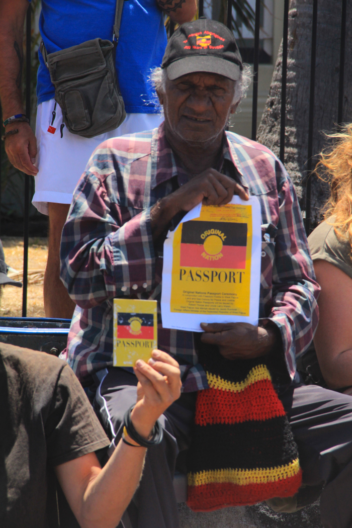 Aboriginal elder, Kevin Buzzacott, with an "Original Nation" passport at Thursday Island, Queensland. Buzzacott is one of the organisers of the Flotilla. Image: freedomflotillawestpapua.org