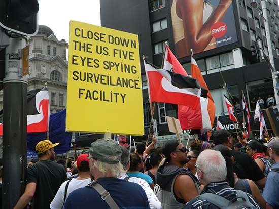 A protest over the "Five Eyes" intelleigence surveillance on Pacific countries coordinated from New Zealand. Image: Del Abcede/PMC