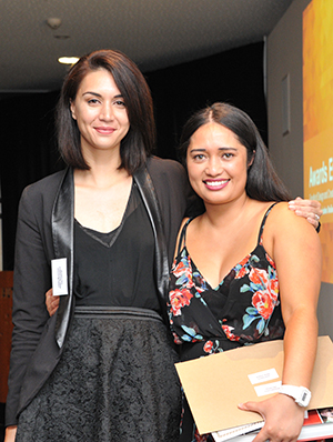 Radio NZ International's Leilani Momoisea with Alistar Kata last night. Image: Doug Cole/AUT