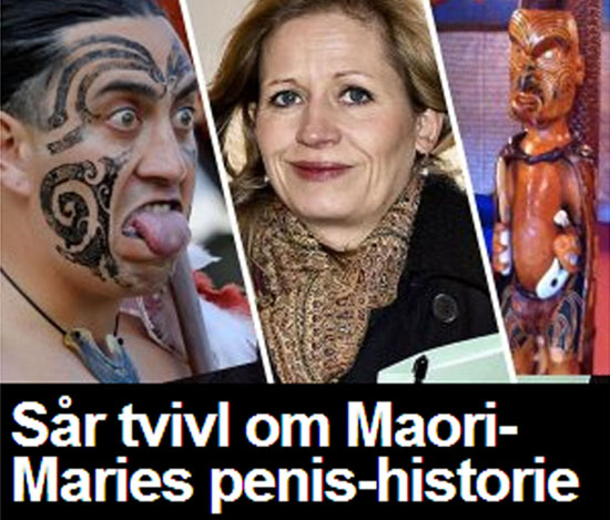 The BT headline reads: 'Doubts cast on Māori-Marie's penis story', referring to Marie Krarup's comment on traditional carvings in the navy's Te Taua Moana Marae last month. Image: BT