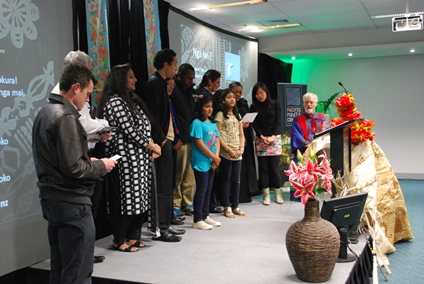 Professor Robie and the PMC team sing the waiata Nga Iwi E at the end of the address. Photo: Karen Abplanalp/PMC