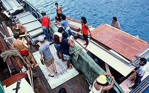  Loading the Rainbow Warrior ahead of its final Pacific journey in 1985. Image: David Robie / Eyes of Fire