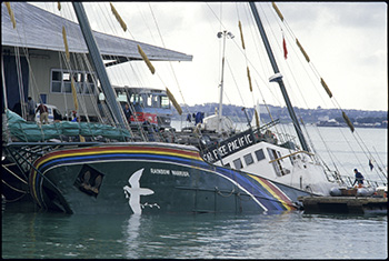 [IMAGE RW2] The bombed Rainbow Warrior in Auckland Harbour … not the only Pacific target of the French military. Image: John Miller/Eyes of Fire