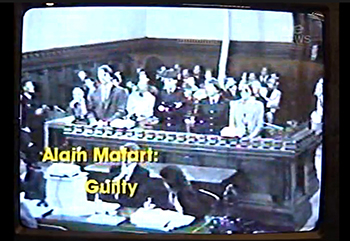 French secret agent Alain Mafart pleads guilty to reduced charges of manslaughter and wilful damage in November 1985. Image: Courtroom CCTV footage