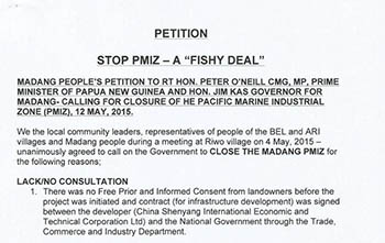 Part of the Madang people's 'Fishy Deal' petition against PMIZ.