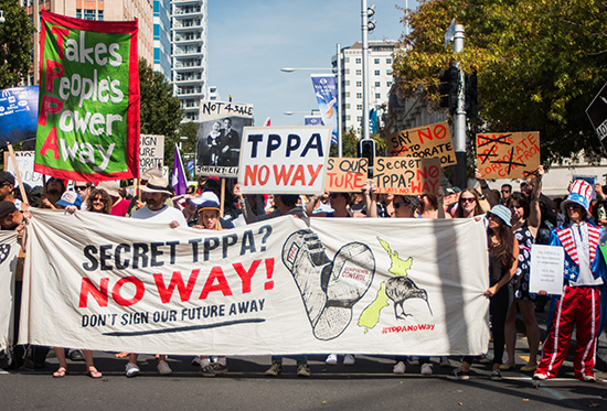 Marchers at the anti-TPPA rally in Auckland’s Queen Street on Saturday. Image: Craig Robertson/TWN