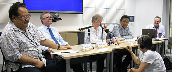 Taimi Media Network's Kalafi Moala, freelancer Russell Hunter, ABC's Sean Dorney and Talamua's Lance Polu at the ADB media summit in Sydney. ADB's Michael Hutak is on the right with the ABC's Jemima Garrett crouched in front with a microphone. Image: David Robie/PMC