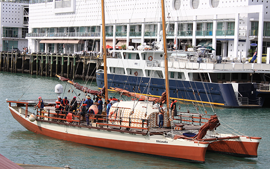 The Hikianalia sailing in the Waitemata Harbour with Te Ara Poutama staff and students on board. Image: AUT