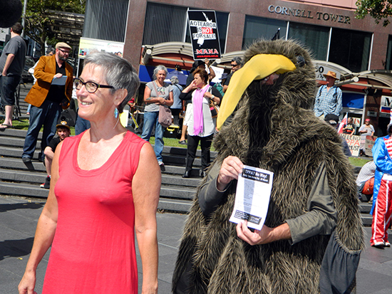 Professor Jane Kelsey and a radical Kiwi daylight activist at the anti-TPPA rally in Auckland today. Image: Del Abcede