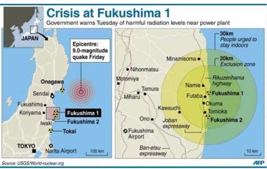 The crisis zone in relation to the earthquake and tsunami areas. Map: AFP/Allvoices