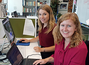 Julie Cleaver (left) and Pacific Media Watch editor Kendall Hutt in the Pacific Media Centre.