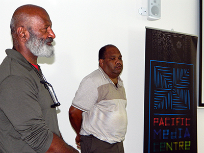 Kanak advocates Luc Tutugoro (left) and Antoine Xulue speaking at the NFIP conference. Image: Del Abcede/PMC