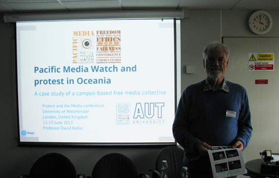 David Robie discusses the Pacific Media Watch project, founded when Tongan publisher Kalafi Moala was unjustly imprisoned over contempt of Parliament. Photo: University of Westminister media team