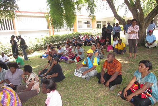 NBC workers hold a protest meeting over staff security after the kidnapping and rape. Image: PNG Loop