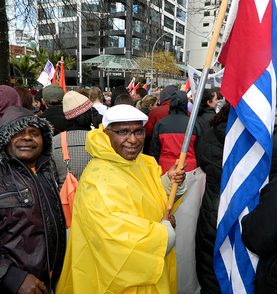 Visiting West Papuan leader Octo Mote at the Auckland rally against the controversial Trans-Pacific Partnership “trade” negotiations. Image: Del Abcede/PMC