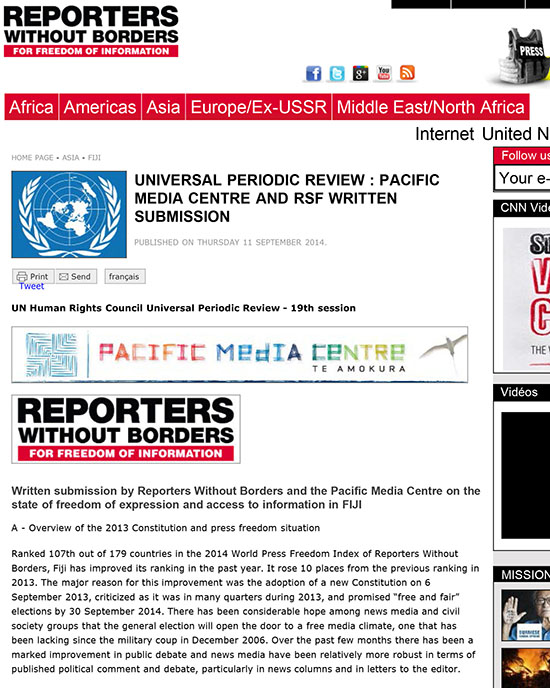 An excerpt from PMC and RSF's submission on Fiji to the United Nations Human Rights Council Universal Periodic Review.