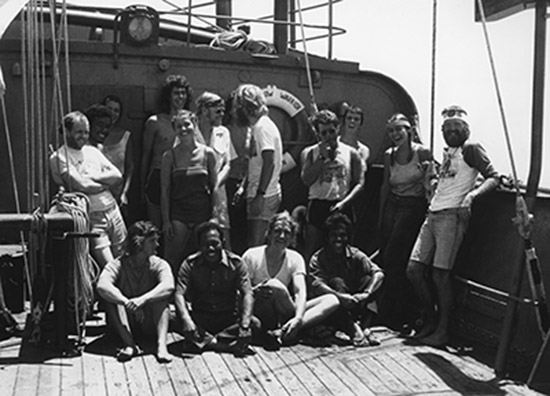 FLASHBACK: The Rainbow Warrior crew and Marshall Islands volunteers on board the vessel bound for Majuro in May 1985. Eyes of Fire author David Robie is on the right. Image: Fernando Pereira/Greenpeace