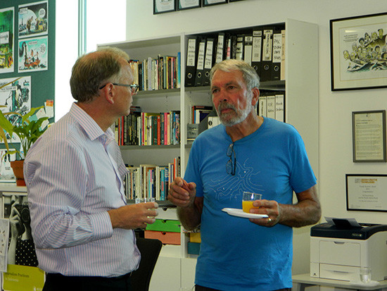 Communication Studies professor Geoffrey Craig (left) and broadcaster Ray Mankelow at the web launch today. Image: Del Abcede/PMC