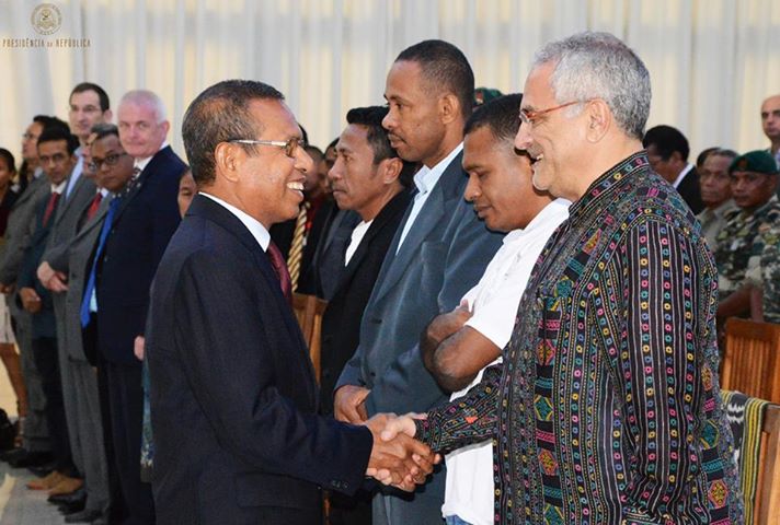 Timor-Leste President Taur Matan Ruak presenting the 2013 Sérgio Vieira de Mello human rights awards at the Nicolau Lobato Presidential Palace on International Human Rights Day. Jose Belo is in the centre.