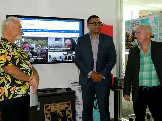 Pacific Media Centre director Professor David Robie, Pacific Cooperation Foundation CEO Laulu Mac Leauanae and Multimedia Investments CEO and Evening Report editor Selwyn Manning at the launch of AsiaPacificReport.nz today. Image: Del Abcede/PMC