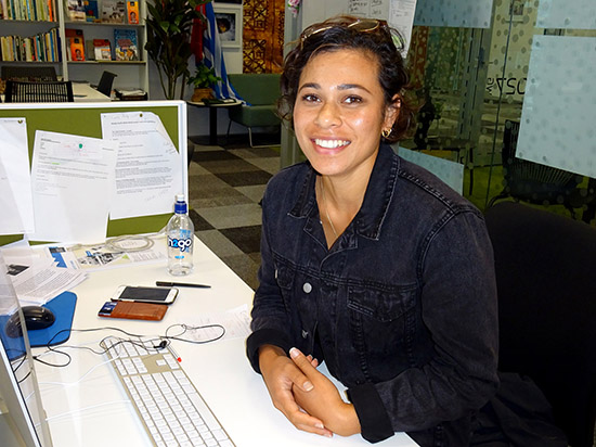 TJ Aumua at the PMC ... tackling media freedom and Pacific voices stories. Image: Del Abcede/PMC