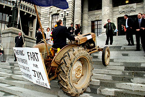 A "fart tax" protest at Parliament still from the Hot Air documentary.