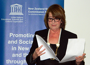 UNESCO New Zealand's Trish Carter speaking at the media freedom lecture. Image: Del Abcede/PMC