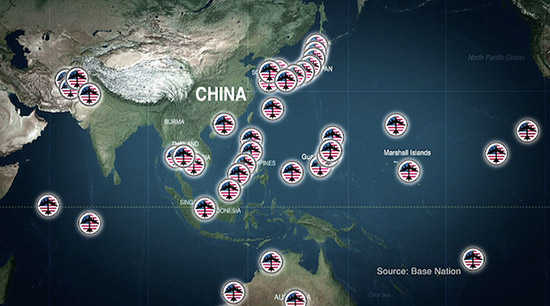 The Coming War documentary by John Pilger … “so many missiles pointing at China”. Map: Base Nation