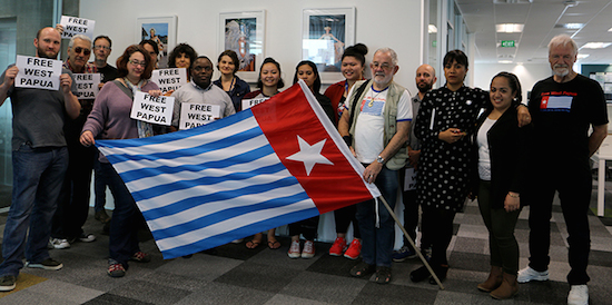 “Free West Papua” message at the Pacific Media Centre today. Image: Del Abcede/PMC