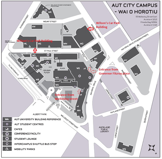 Entrances to the conference venue - WG126 in Sir Paul Reeves Building at AUT University.