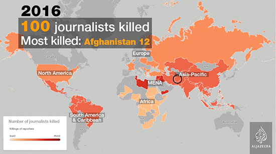 Killings of journalists in 2016 - click on this image to watch the video for previous years. Video: Al Jazeera