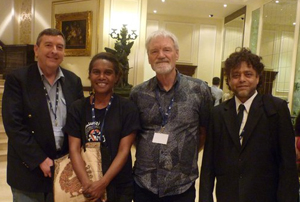 Pacific delegates at  AMIC 2011 in Hyderabad, India: Associate professor Martin Hadlow (Australia), Joys Eggins (Papua New Guinea), associate professor David Robie and Dr Munawwar Naqvi (both New Zealand).