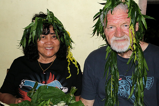 Del and David Robie in ceremonial headdress on Aneityum.