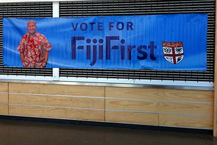 A FijiFirst banner at the Manuka election rally. Image: Mads Anneberg/PMC