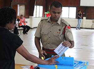 Fiji soldiers were quick to vote at the Queen Elizabeth Barracks in Suva today. Image: Mads Anneberg/Republika/PMC