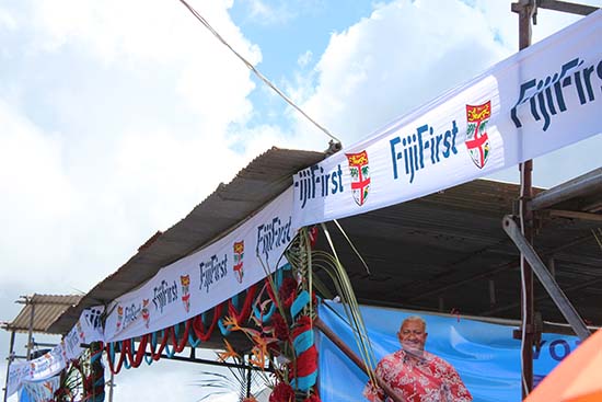 Voreqe Bainimarama and Fiji First banners at the weekend election rally near Suva in Fiji. Image: Mads Anneberg/Repúblika   