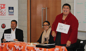 A community team of Rev Uesifili Unasa (from left), AUT graduate Vaimoana Tapaleao and Auckland Council Tamaki Board member Josephine Bartley use sign language to support their argument in a Samoan Language Week debate at AUT University this week. Photo: Lanuola Tusani 