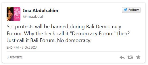 One of the tweets spotted during the Bali Democracy Forum. Image: Rappler