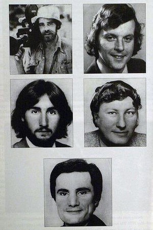 The Balibo Five: (Clockwise from top-left) Brian Peters, Malcolm Rennie, Gary Cunningham, Greg Shackleton and Tony Stewart.  Images: File