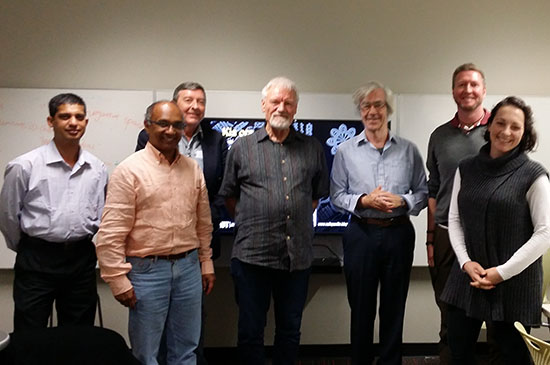 Professor David Robie with Associate Professor Pradip Thomas, co-director of the CCSC, centre organiser Laura McDowell, and some of the other staff and doctoral students who attended the seminar. Image: CCSC