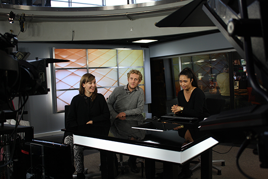 Elesha Edmonds (from left), Struan Purdie and Star Kata in the studio at Denmark's TV2 Østjylland. Image: Elesha Edmonds/PMC